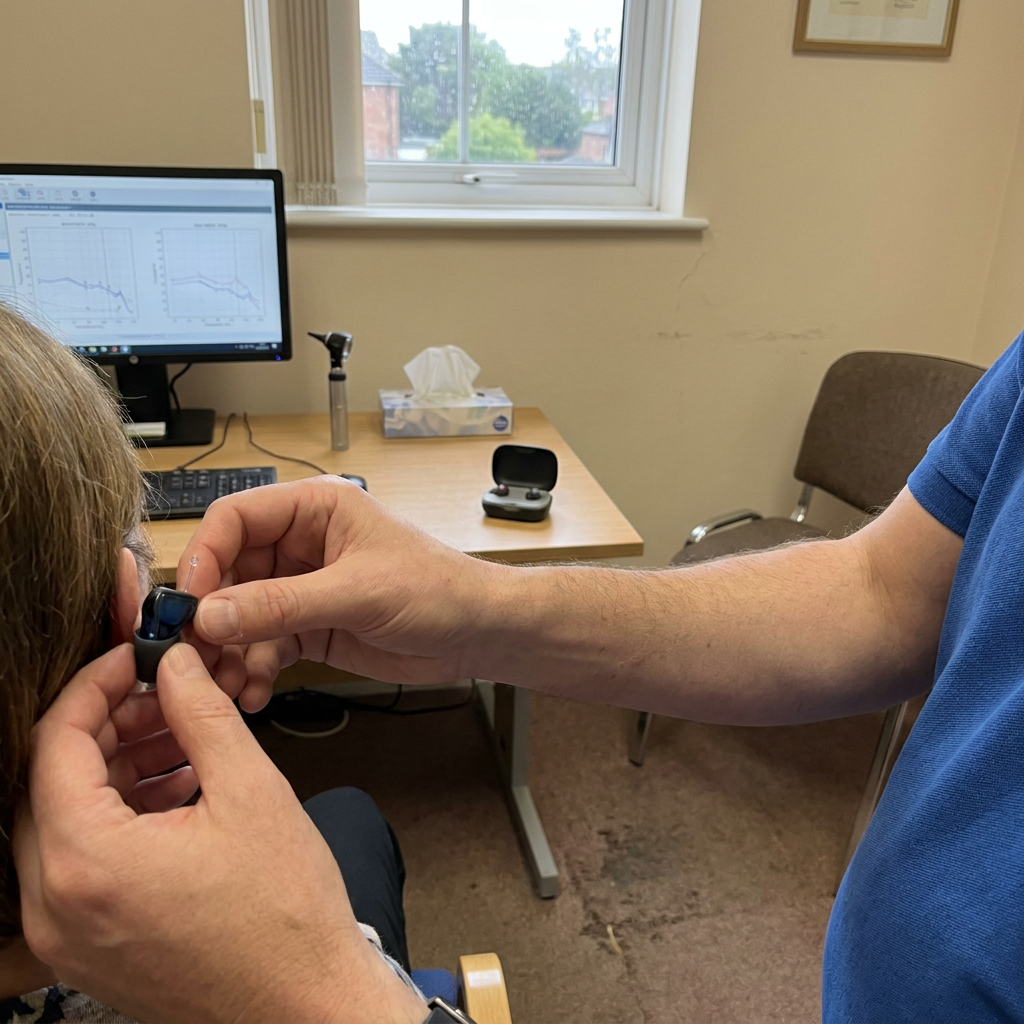 Audiologist fitting a hearing aid while an audiogram displays on a monitor.